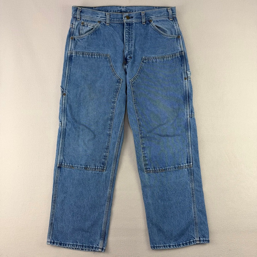 VTG USA Works Double Knee Carpenter Jeans Men 38x30 Blue Workwear Utility Denim